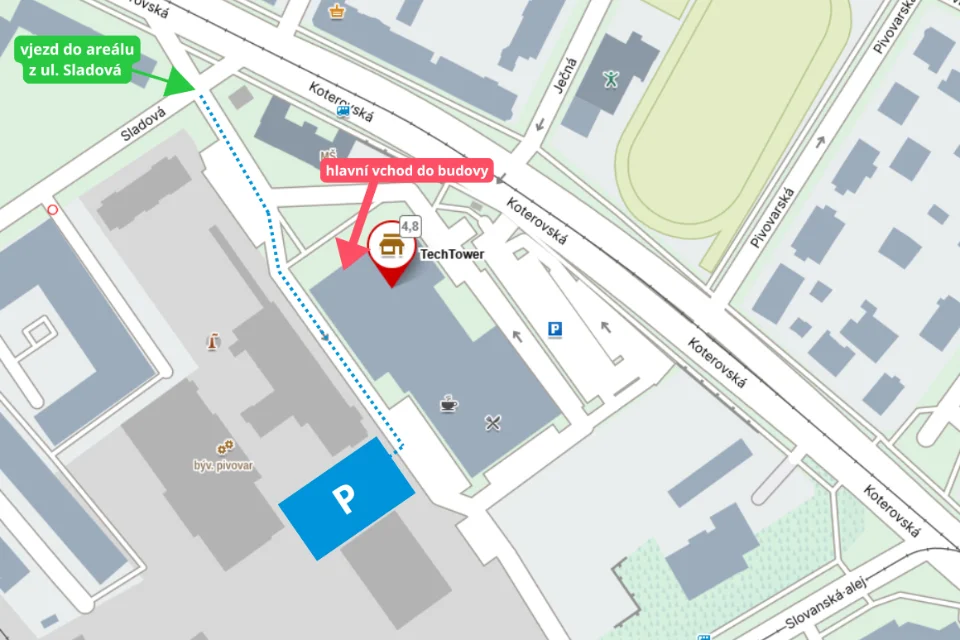 Mapa s vyznačením areálu TechTower